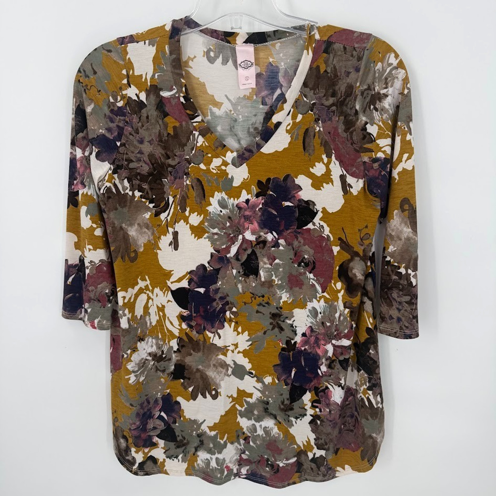 Pink Coconut Boutique Floral V Neck Top Womens L Mustard 3/4 Sleeve Made USA